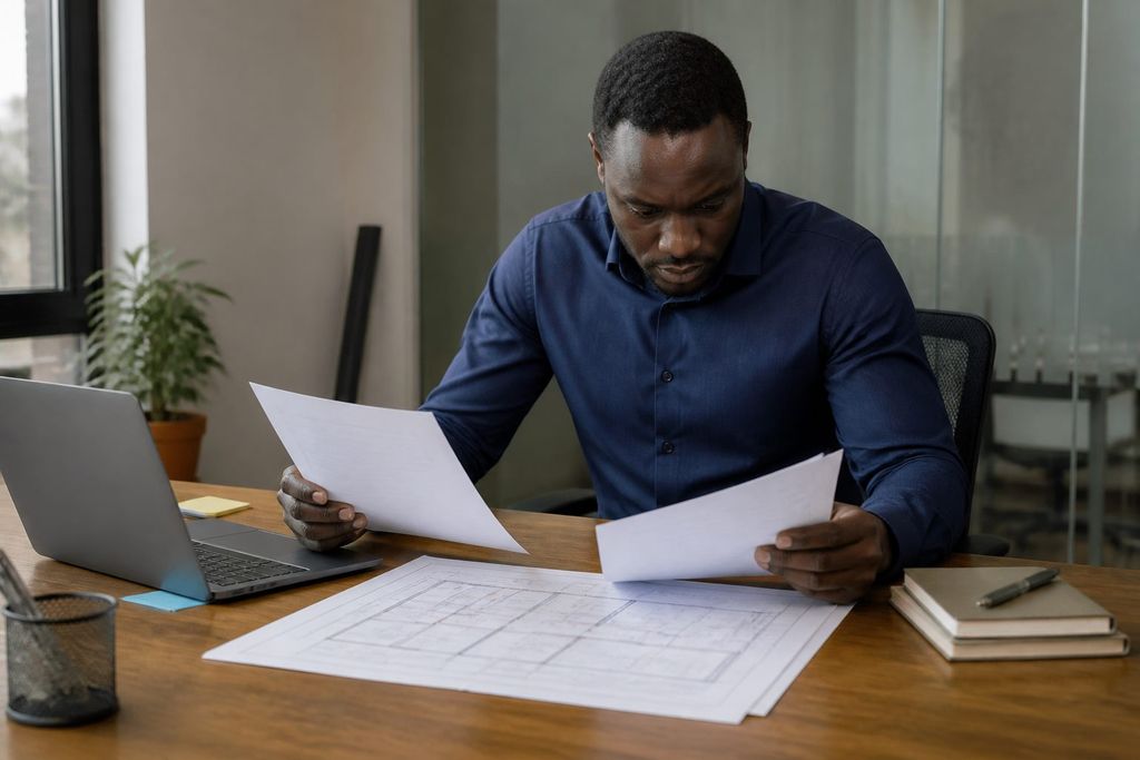 Technology adviser reviewing vendor documents and a system plan