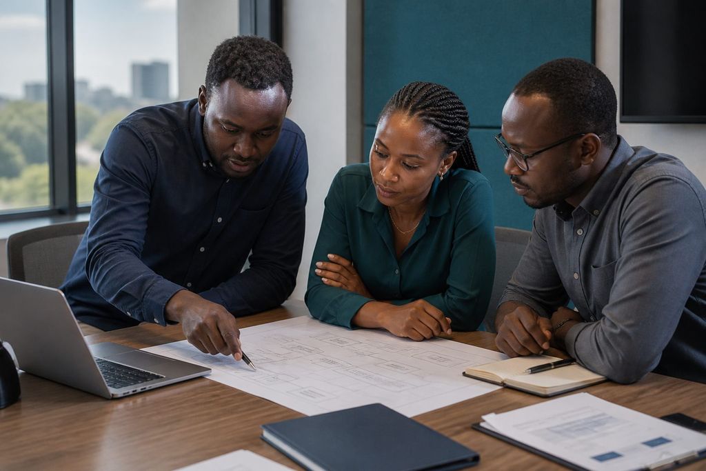 Three professionals reviewing a system architecture plan together