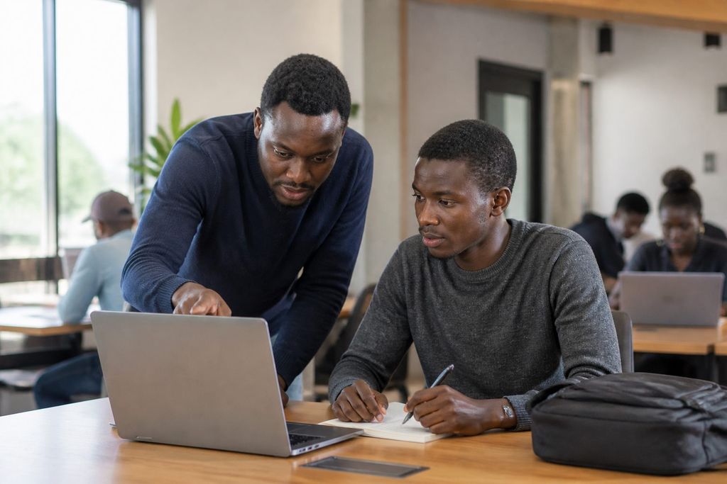 Technology mentor reviewing practical work with an early-career developer