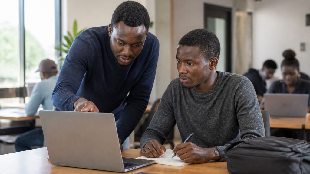 Technology mentor reviewing practical work with an early-career developer
